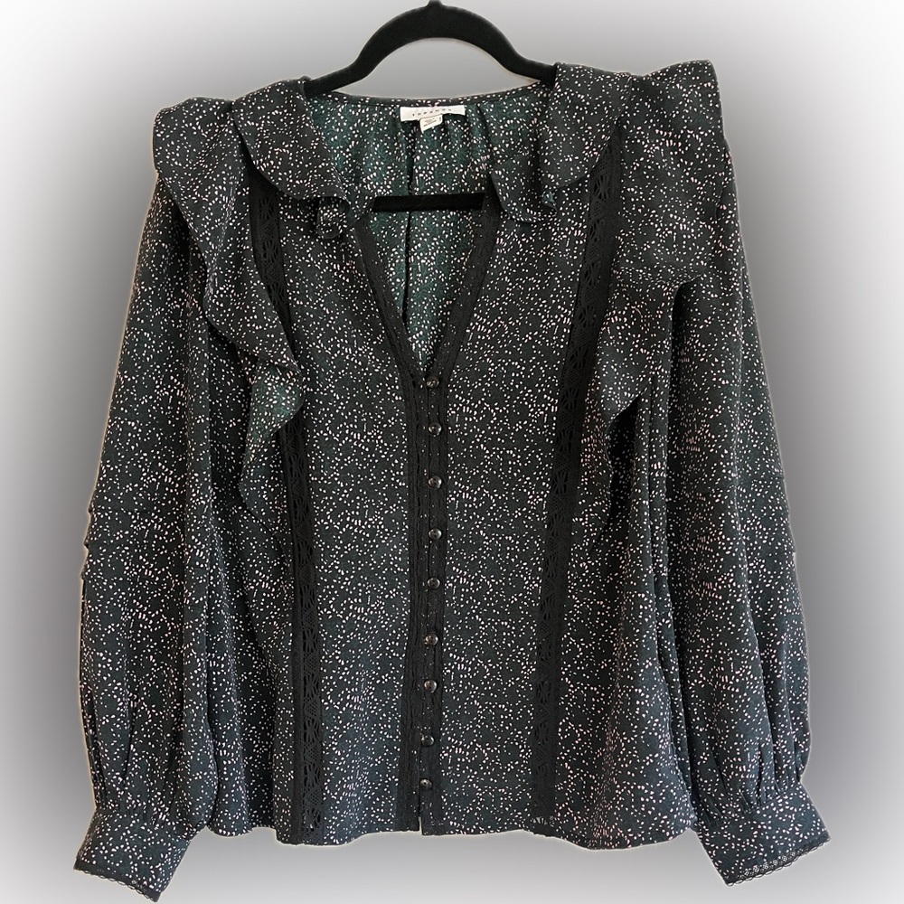 TopShop Womens Floral Button Up Blouse Lace and Ruffles Prairie Chic, Size 2